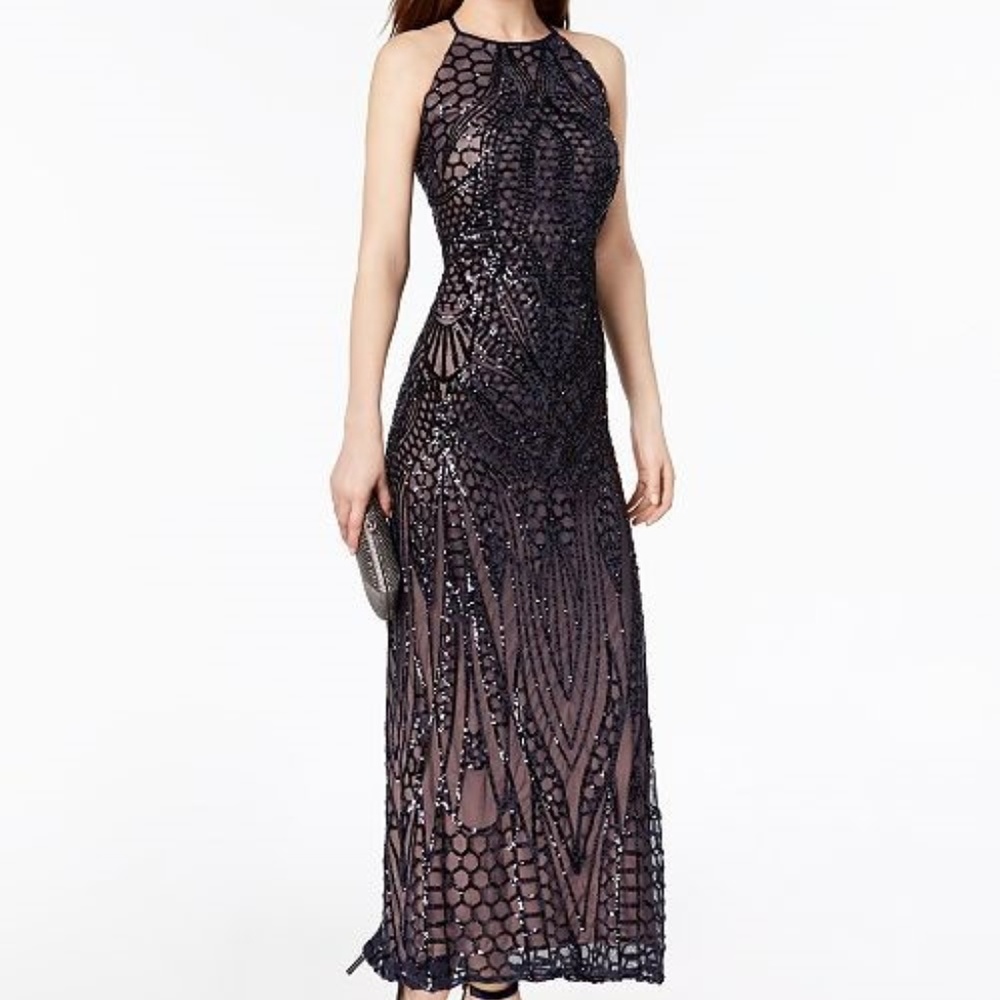 Nightway Sequined Strappy-Back Halter Gown
